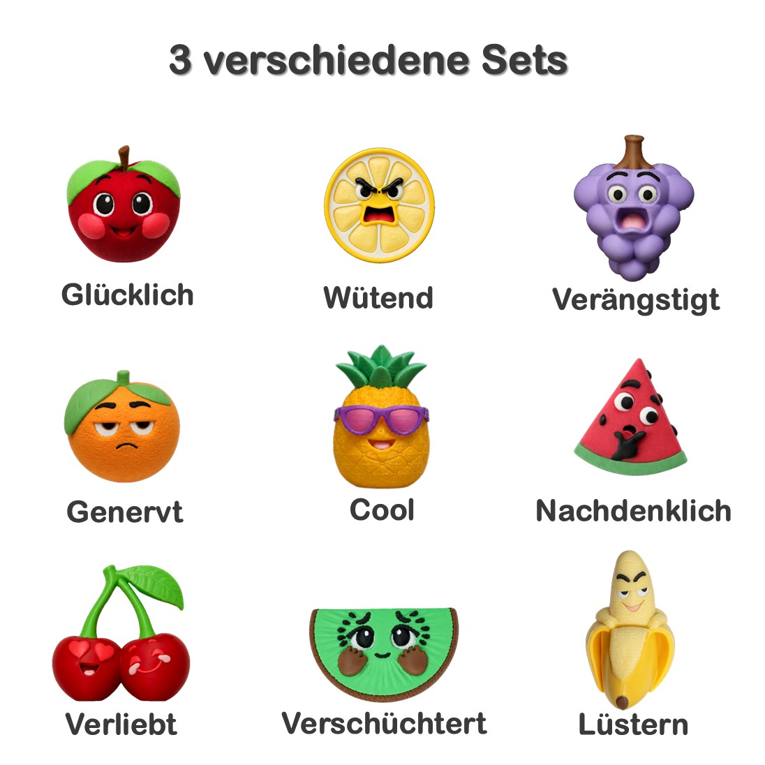 Übersicht aller drei Moody-Fruits-Sets